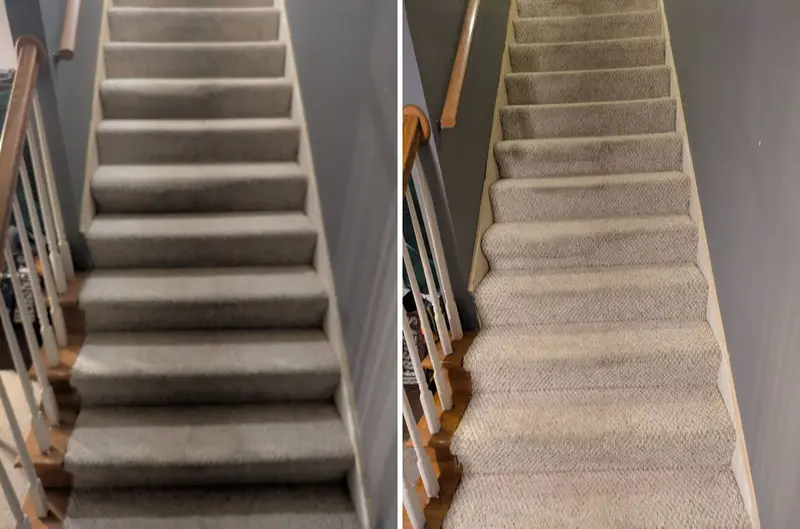 Before and after: Narrow carpeted staircase with dull gray steps, then the same steps lighter and fresher, on a LocalPro job in Tuscaloosa